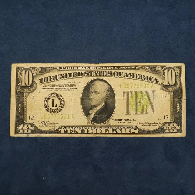 1934 $10 Light Green Seal Federal Reserve Note (Fr 2004L) - Free Shipping USA