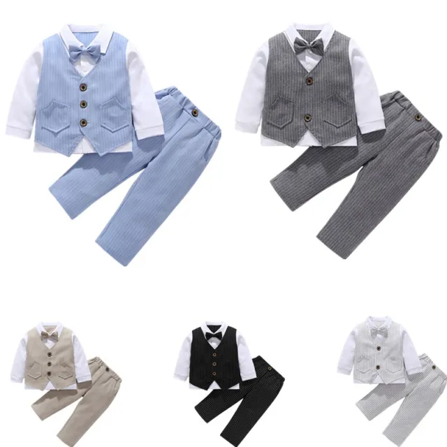 Camicia neonato bambini ragazzi abito outfits maniche lunghe + pantaloni + gilet + cappello mosca set cravatta