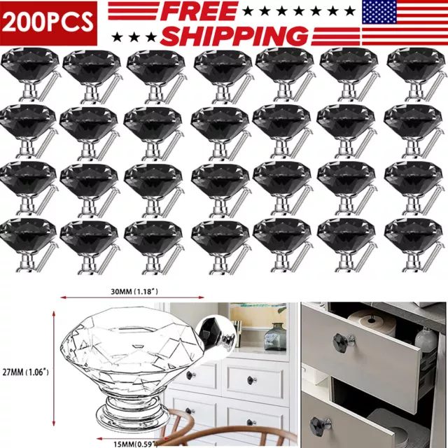 Diamond Shape Crystal Glass Cabinet Knobs Drawer Kitchen Dresser Pulls Black LOT