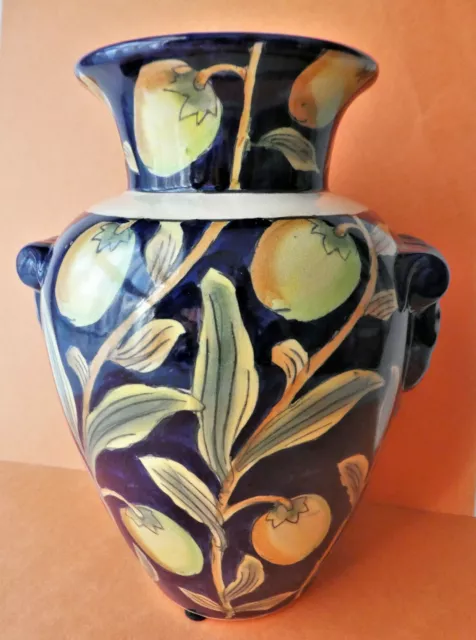 Antique Italian Majolica Cobalt Blue Vase with Lemons  Design, Hand made and Han