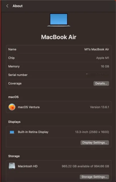 MacBook Air M1 2020 1TB 16GB 8 Core GPU Space Grey