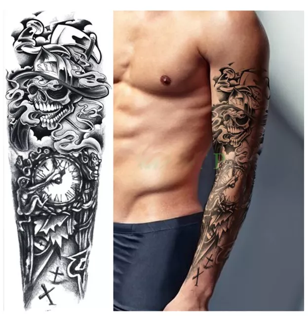 XXL Temporäres Tattoo Full Arm Einmal-Tattoo Wasserfest Skull Death Zeit Time