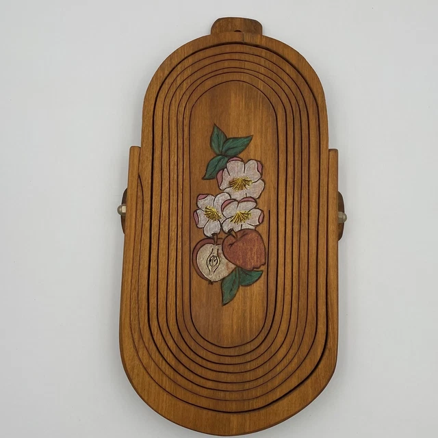 Vtg Collapsible Folding Wooden Basket Trivet  Apple Blossom Flower Wall Hanging 2
