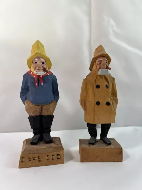Set of 2 Vtg Cape Cod Canada Wood Hand Carved Fisherman Figure Signed Handmade