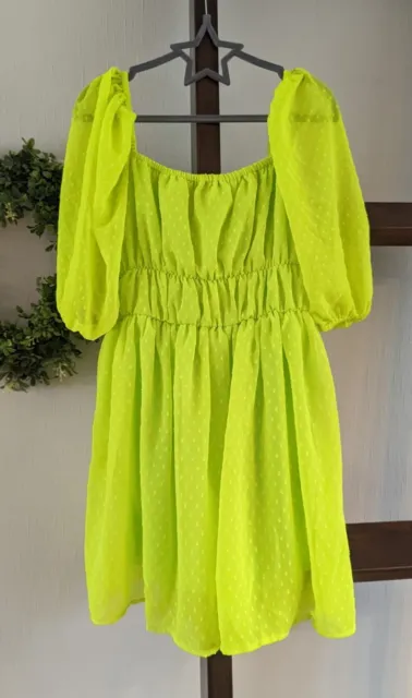 New with tags Lime/Neon Green Dobby Mesh Puff Sleeve Skater Dress Size UK 10, M