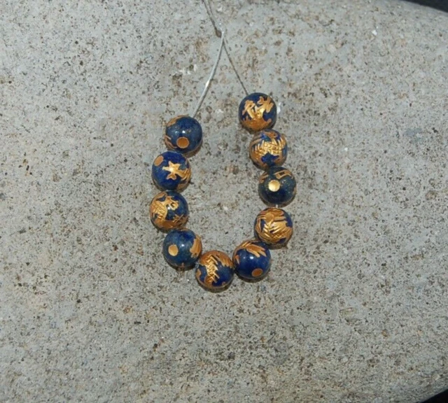 Ten (10) Carved 10 Kt. Gold Plated Lapis Lazuli 8Mm Dragon Beads - 7413