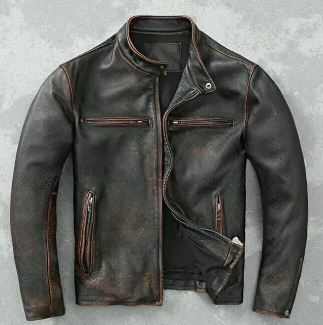 Men’s Motorcycle Biker Vintage Cafe Racer Distressed Black Real Leather Jacket -