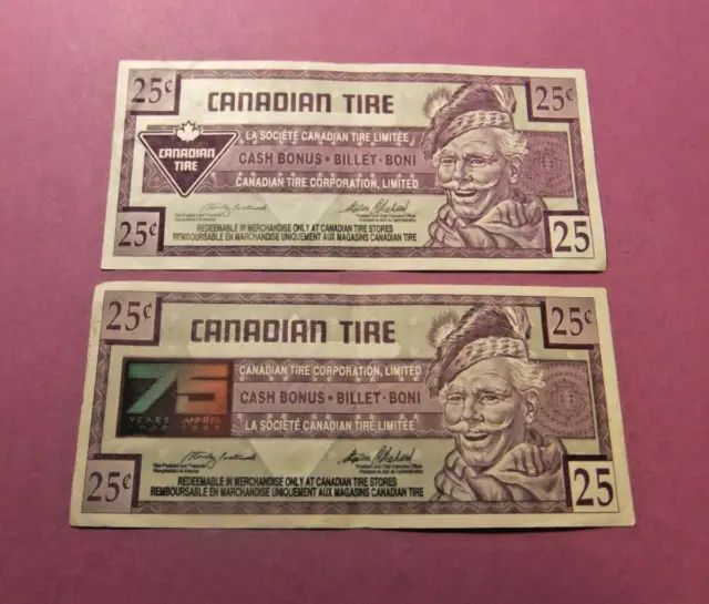 2 Canadian Tire Money Notes - 25 Cents - Circulated