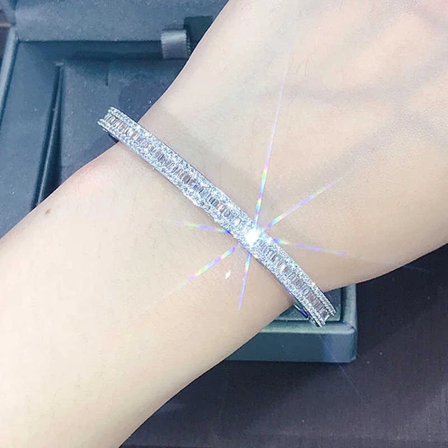 6.40 Ct Baguette Cut Real Moissanite Bangle Bracelet Solid 14K White Gold Finish