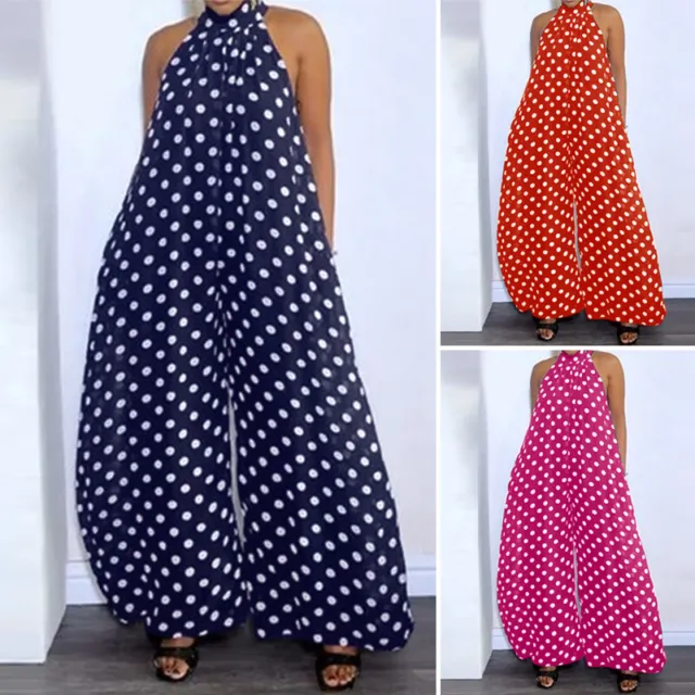 UK Women Sleeveless Polka Dot Long Jumpsuits Playsuits Wide Leg Pants Trousers