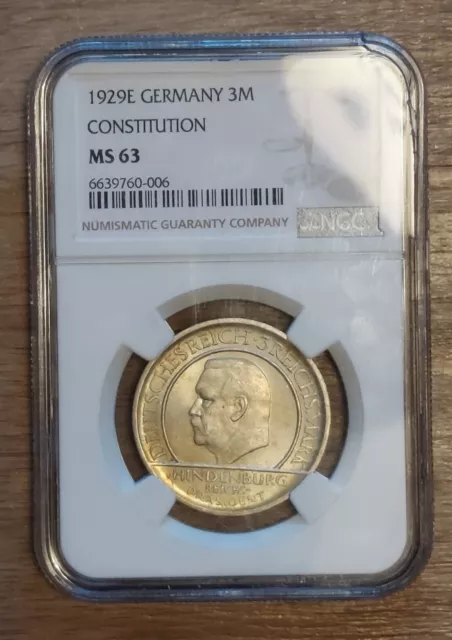 3M Reichsmark Weimarer Republik Schwurhand Hindenburg 1929 E NGC MS Silber