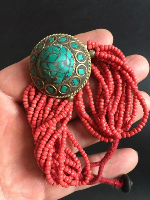 36g Old China Tibet turquoise Irregular South Sea Red Coral Beads bracelet