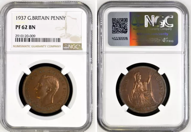 Great Britain: 1937 King George VI Proof Penny * NGC PF 62 BN *