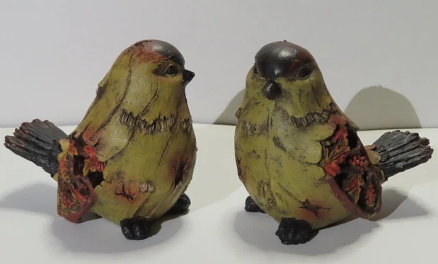 Two (2) Bird Figurines with Autumn Grapes Leaves Wings Ceramic Resin 3 1/2" Tall