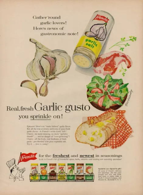 1957 Spices Garlic Lovers Frenchs 1950s Vintage Print Ad Salt Powder Salad Bread