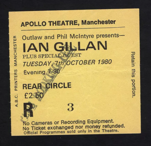 1980 Ian Gillan from Deep Purple Concert Ticket Stub Manchester UK Glory Road