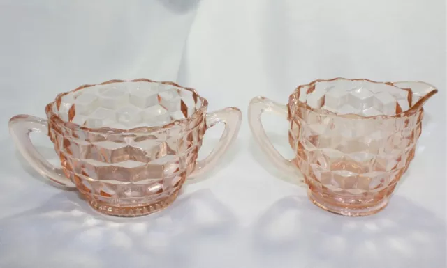 Jeannette Pink Depression Glass Quilted Diamond Sugar Bowl and Creamer Pitcher