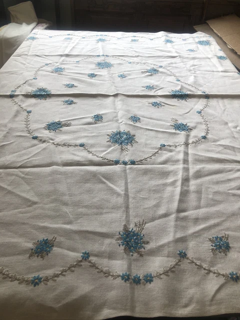 Vintage Linen Hand Crochet Blue Forget Me Knots Tablecloth 46 X 50