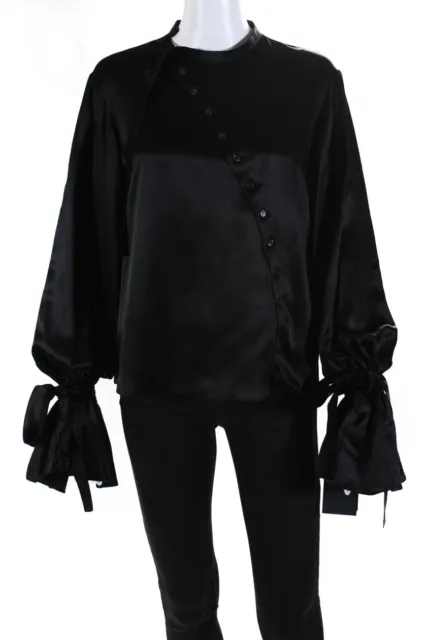 Rochas Womens Crew Neck Asymmetrical Button Front Silk Satin Shirt Black IT 44