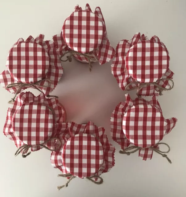 6 Homemade red gingham fabric jam covers/jam jar toppers labels bands ties