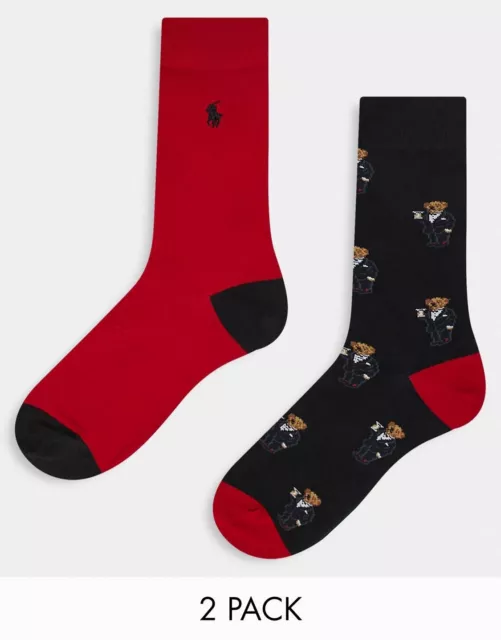 Polo Ralph Lauren Bear Martini Black Tuxedo Red Holiday Men Socks 2 Pack