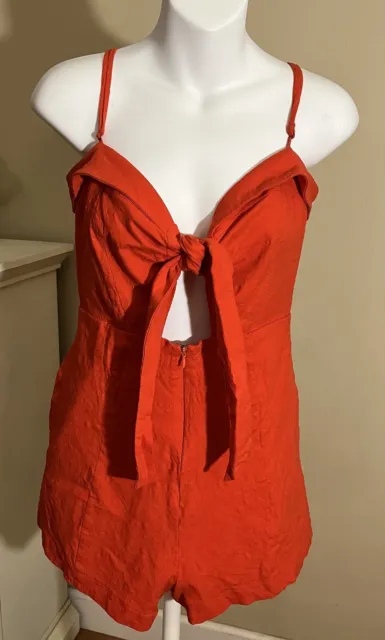 ASTR the Label Reese Romper Women Linen Blend Tie Front Red Coral Size L