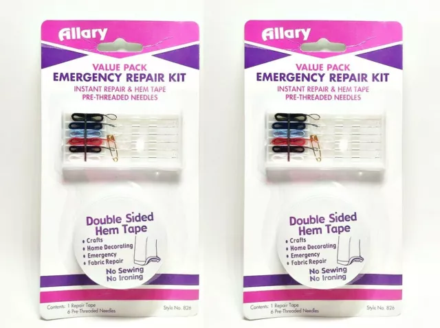 Lote De 2 Emergencia Costura Kit Reparación Y Dobladillo Cinta Pre-threaded