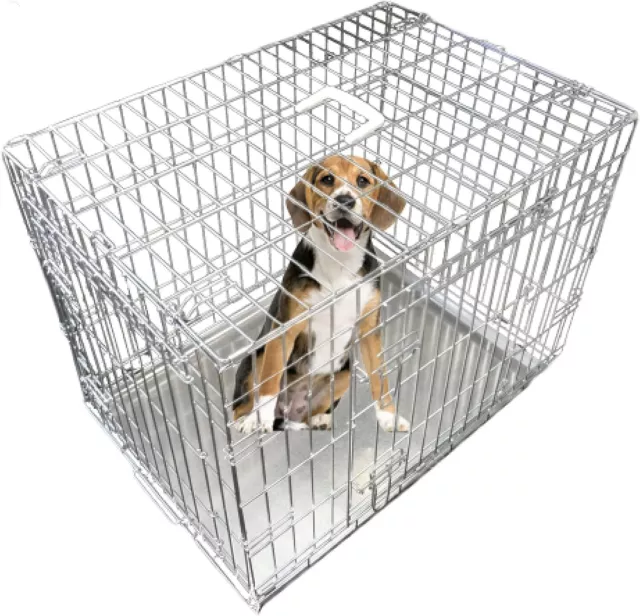 Dog Puppy Cage Small 24 inch Silver Folding 2 Door Crate with Non-Chew Metal Tr
