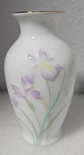 Otagiri Japan Iris spray Vase Floral Porcelain white purple green 6” textured