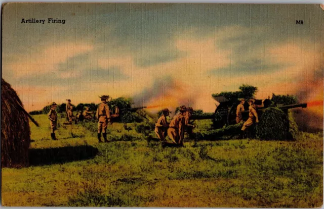 1940s U.S. Army Artillery Firing WWII War Vintage Linen Postcard Unposted