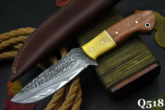 Custom 9.2"OAL Hammered Damascus Steel Hunting Knife Handmade Walnut Handle(Q518