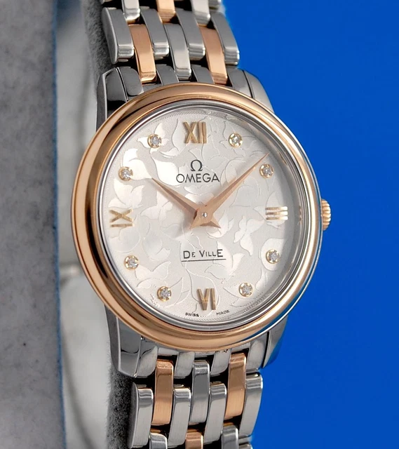 Ladies Omega Deville Prestige 18K Rose Gold Watch Silver Butterfly Diamond Dial