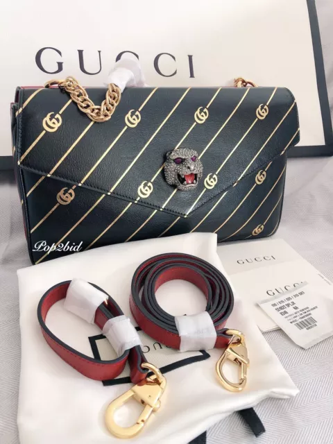 NWT Gucci Thiara Calfskin Double Shoulde Bag with Crystal Tiger Head Red/Black