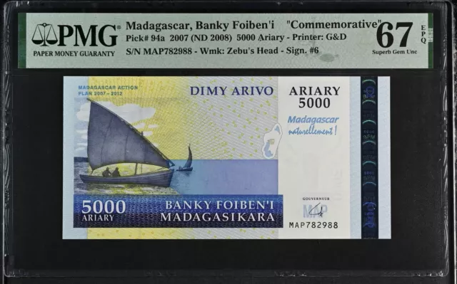 Madagascar 5000 Ariary 2007 ND 2008 P 94 a COMM. Superb Gem UNC PMG 67 EPQ