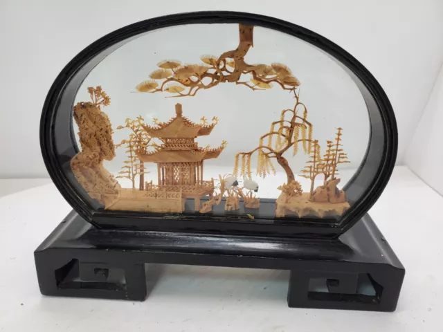 Vintage SAN YOU Chinese Cork Carving Scenery Birds Trees 8" Black Laquer case