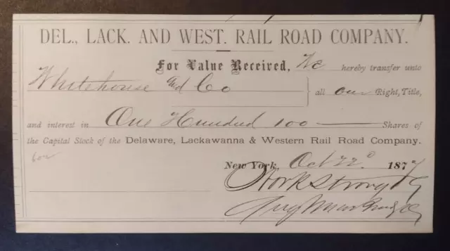 1877 Delaware Lackawanna Western Railroad Capitol Stock Transfer Certificate