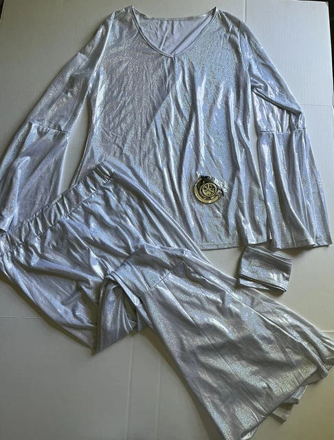 Hippie Metallic White/Silver Costume Size XL  With Necklace, Earrings Headband