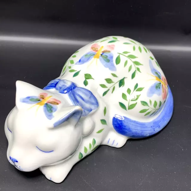 ANDREA SADEK PORCELAIN CAT FIGURINE Sleeping Hand Painted Floral Blue White