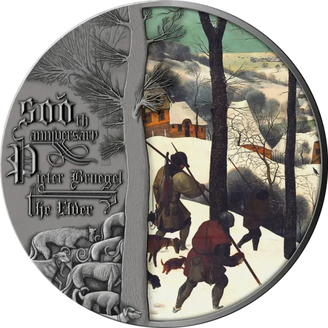 THE HUNTERS IN THE SNOW Pieter Bruegel 500th Anniversary 2 Oz Silver Coin 5$ Dol