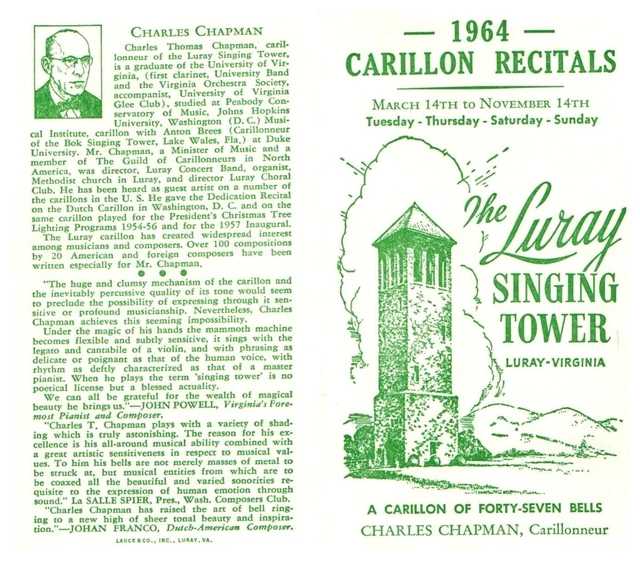 LURAY VIRGINIA THE Luray Singing Tower 1964 VA CHARLES CHAPMAN -E5B-21