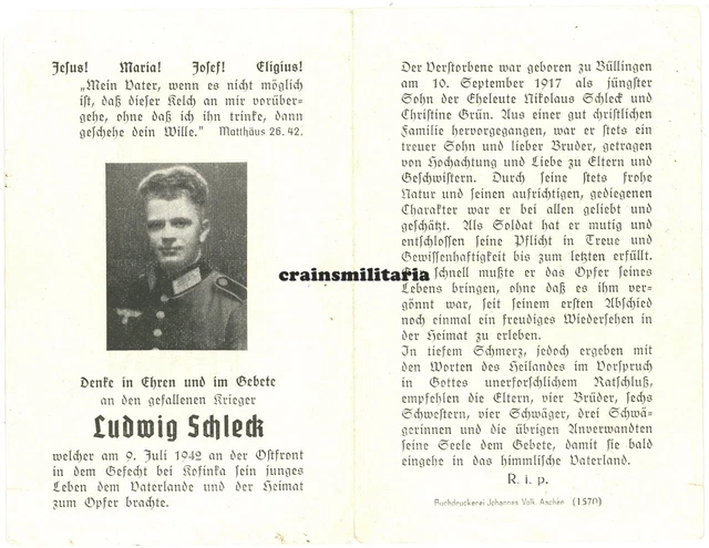 Orig. Sterbebild 377.ID Grenadier ° Büllingen Belgien + Iwanowka Russland 1942