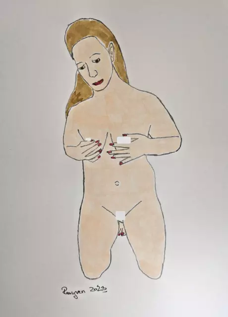 Unikat Artist Rayven erotisches Gemälde Akt Aquarell auf Papier 21x30cm Original