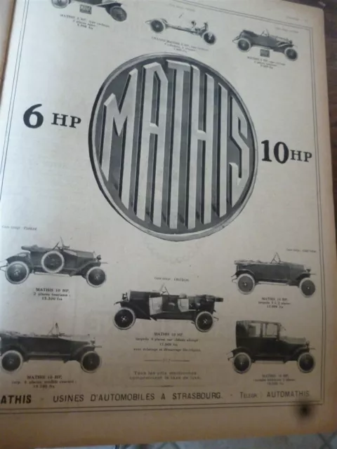 MATHIS 6 et 10 HP voiture 41 publicité papier ILLUSTRATION 1921