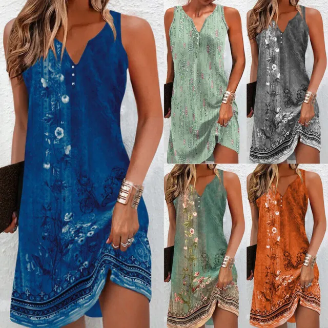 Women's Summer Floral Beach Tank Dress Ladies Holiday Button Casual Sundress