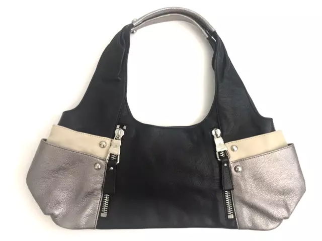 B Makowsky Handbag Black Silver Cream Leather Shoulder