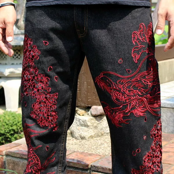 Mens Jeans Japanese Pattern Embroidery Denim Pants Dragon Carp Koi