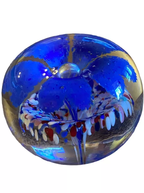 Glass Paperweight with Blue Flower and Multicolor Flower Vintage See Description