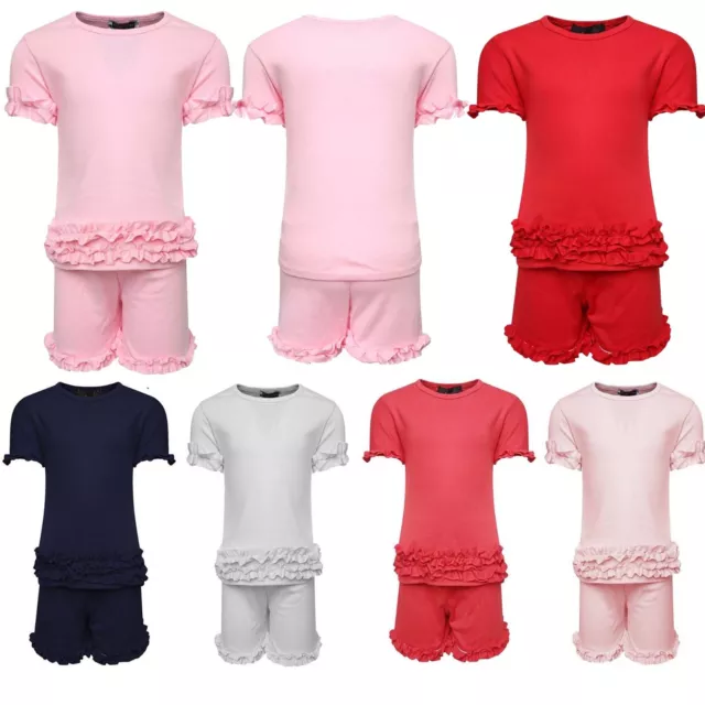 Girls Frill Ruffle Detail Kids Co-Ord Set T-Shirt & Shorts Lounge Suit 2-13 Year