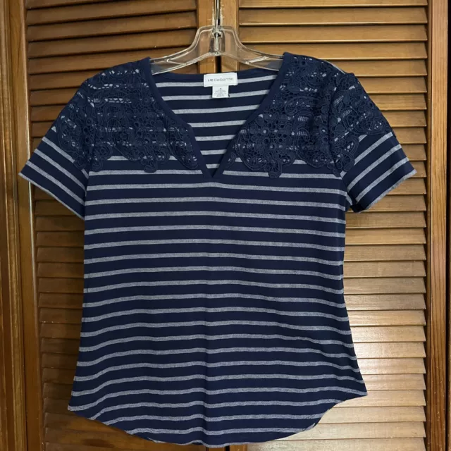 Liz Clairborne Med. Top Tee - Stripe-Lace Embellished - V-Neck-Short Sleeve NWOT