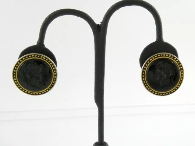 Vintage Paquette Goldtone Metal Black Glass Cameo Roman Soldier Clip on Earrings